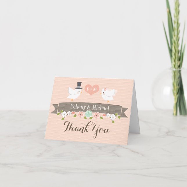 BLUSH MONOGRAM LOVE BIRDS DOVE WEDDING THANK YOU CARD (Front)