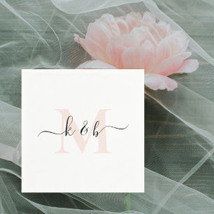 Blush Monogram Swash Script White Cocktail  Napkin