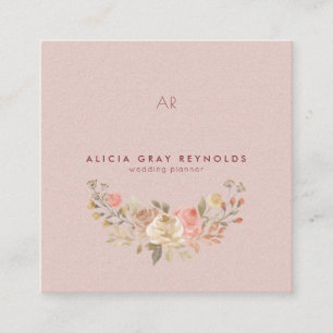 Blush Monogram Watercolor Floral Wedding Planner Square Business Card