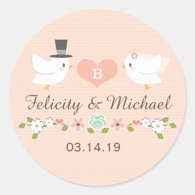 BLUSH MONOGRAMMED DOVE LOVE BIRDS WEDDING CLASSIC ROUND STICKER (Front)