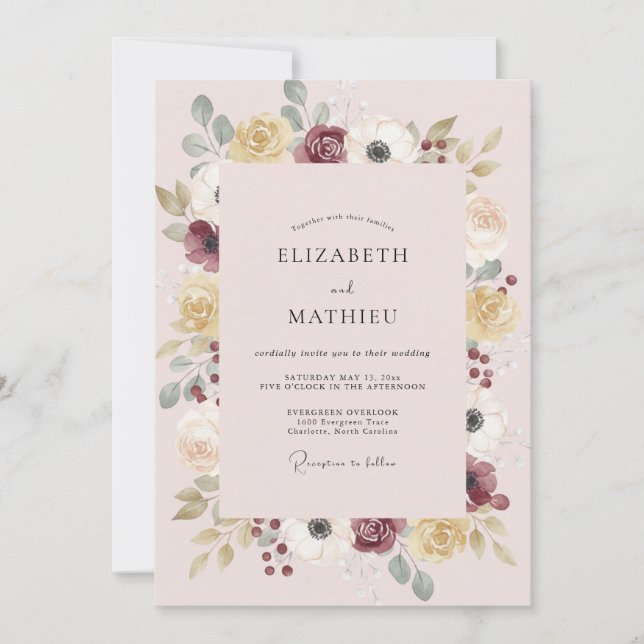 Blush Mustard Wreath Wedding Invitation (Front)