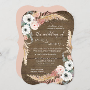 Blush n White Pampas Grass Floral Rustic Wedding Invitation