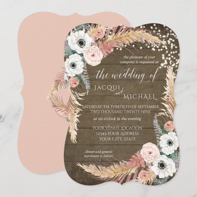 Blush n White Pampas Grass Floral Twinkle Lights Invitation (Front/Back)