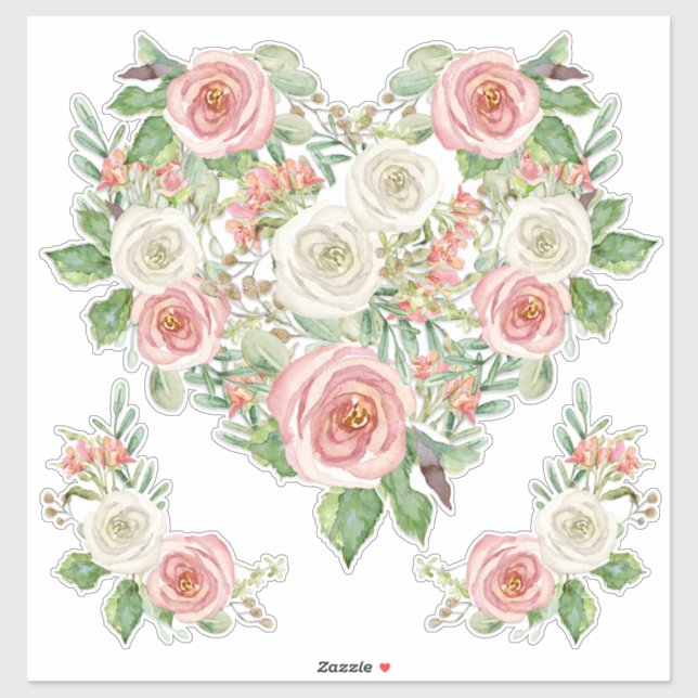 Blush n White Rose Watercolor Floral Heart Design (Sheet)