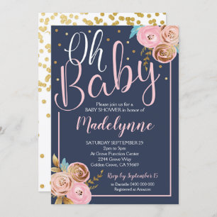 Blush Navy and Gold Floral Baby Shower invitation