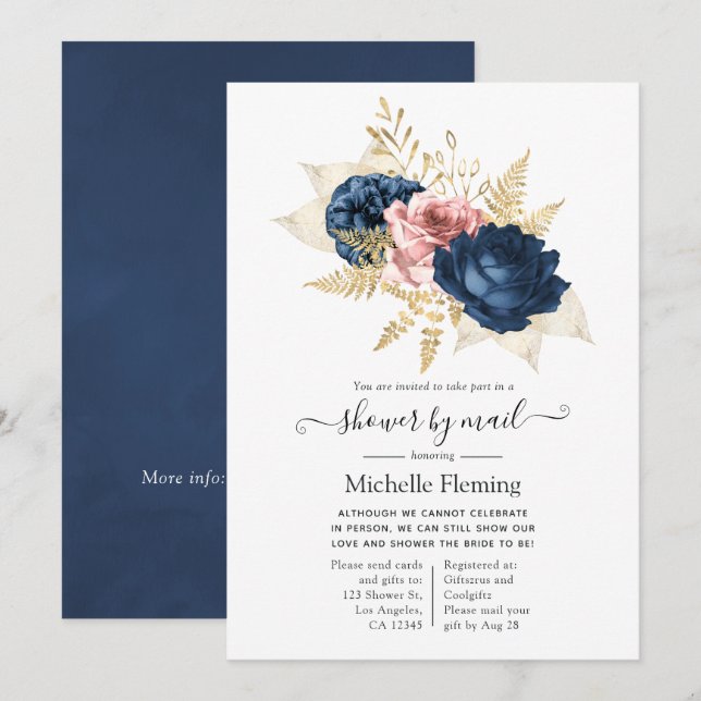 Blush, Navy and Gold Floral Shower by Mail Invitation (Front/Back)