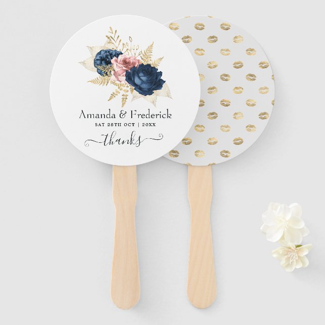 Blush, Navy and Gold Floral Wedding Hand Fan (Front and Back)