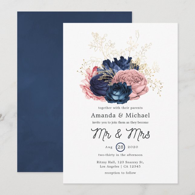 Blush, Navy and Gold Floral Wedding Invitation (Front/Back)