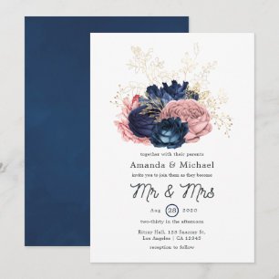 Blush, Navy and Gold Floral Wedding Invitation