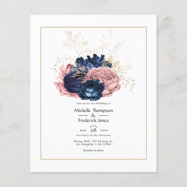 Blush, Navy and Gold Floral Wedding Invitation Flyer (Front)