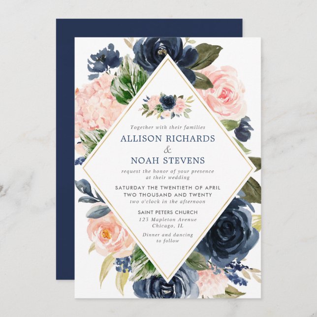 Blush navy and gold modern floral elegant invitation (Front/Back)
