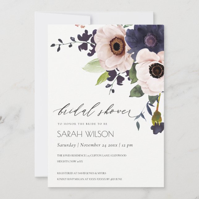 Blush Navy Anemone Floral Bridal Shower Invite (Front)