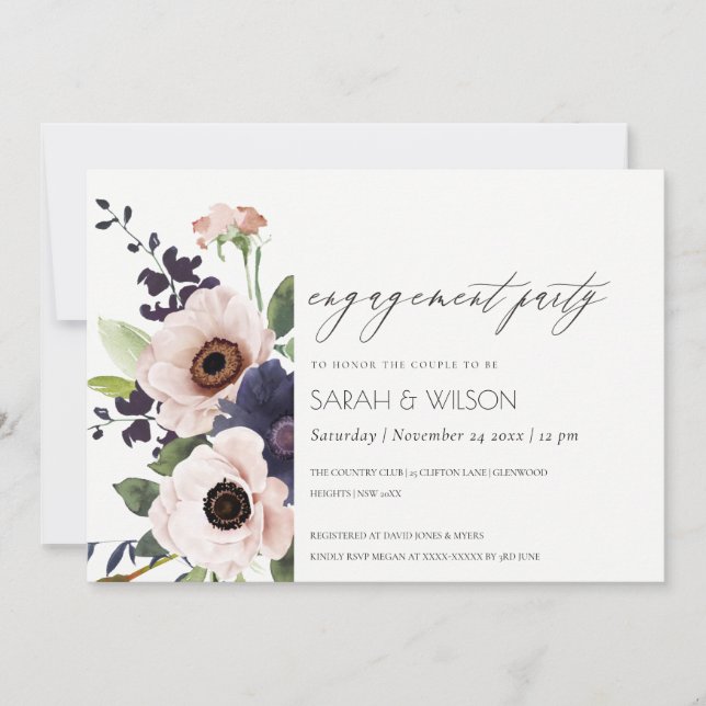 Blush Navy Anemone Floral Engagement Invite (Front)