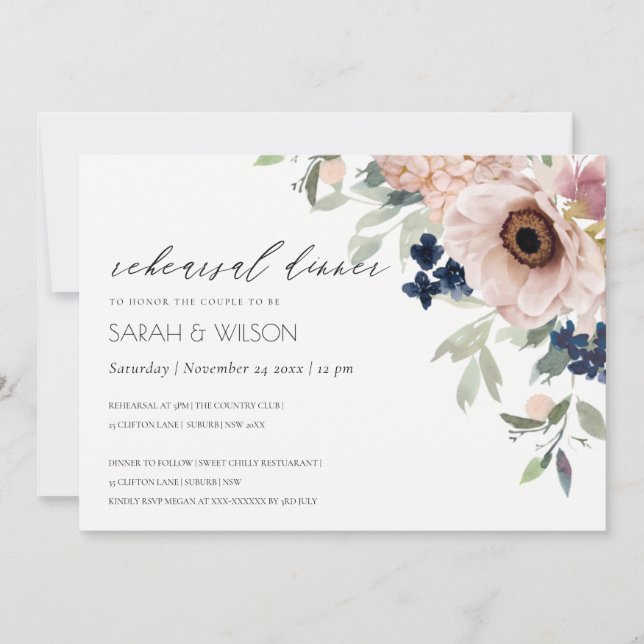 Blush Navy Anemone Floral Rehearsal Dinner Invite (Front)