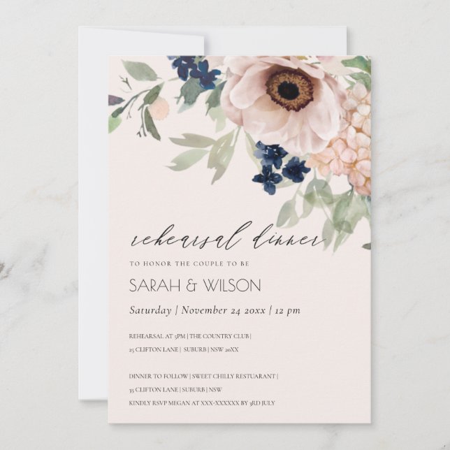 Blush Navy Anemone Floral Rehearsal Dinner Invite (Front)
