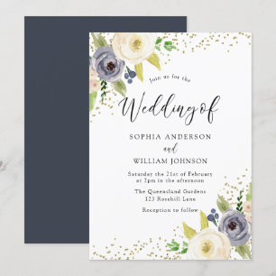 Blush Navy Blossom Flowers Gold Glitter Wedding Invitation