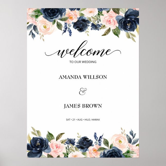 Blush Navy Blossom Wedding Welcome Poster (Front)