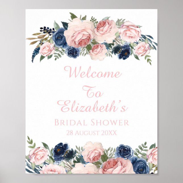 Blush Navy Blue Floral Bridal Shower Welcome Sign (Front)