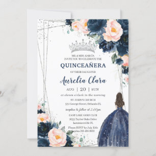 Blush Navy Blue Floral Princess Silver Quinceañera Invitation