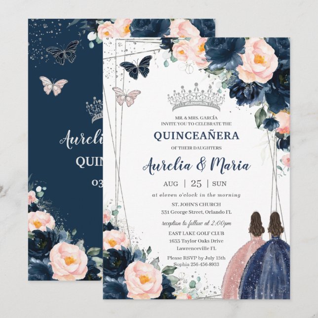 Blush Navy Blue Floral Silver Twins Quinceañera Invitation (Front/Back)