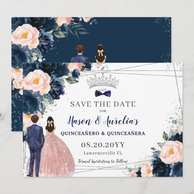 Blush Navy Blue Floral Twins Boy Girl Quinceañera Save The Date (Front/Back)