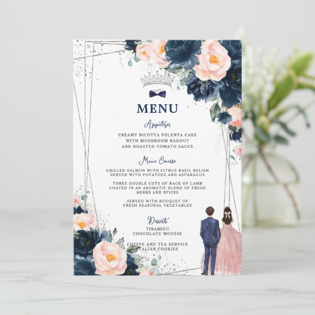 Blush Navy Blue Floral Twins Quinceañera Menu (Standing Front)