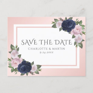 Blush Navy Blue Floral Wedding Save The Date Announcement Postcard