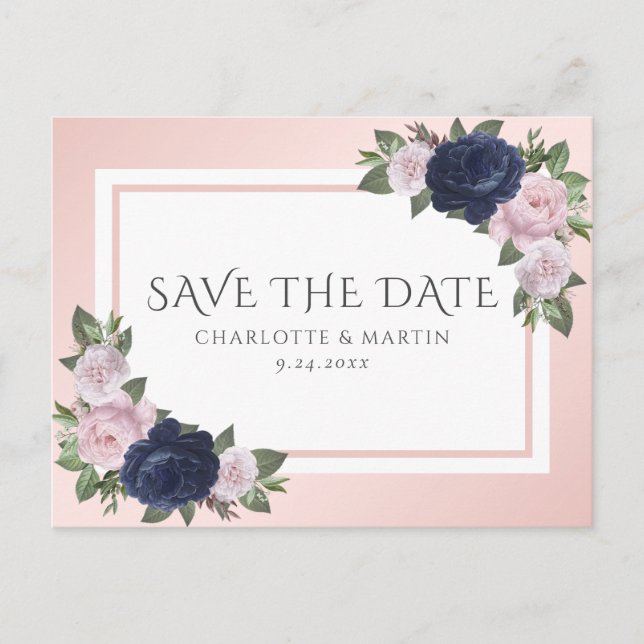 Blush Navy Blue Floral Wedding Save The Date Announcement Postcard (Front)