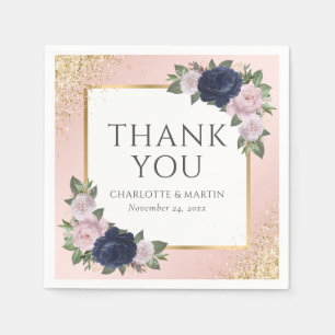Blush Navy Blue Gold Floral Wedding Napkin