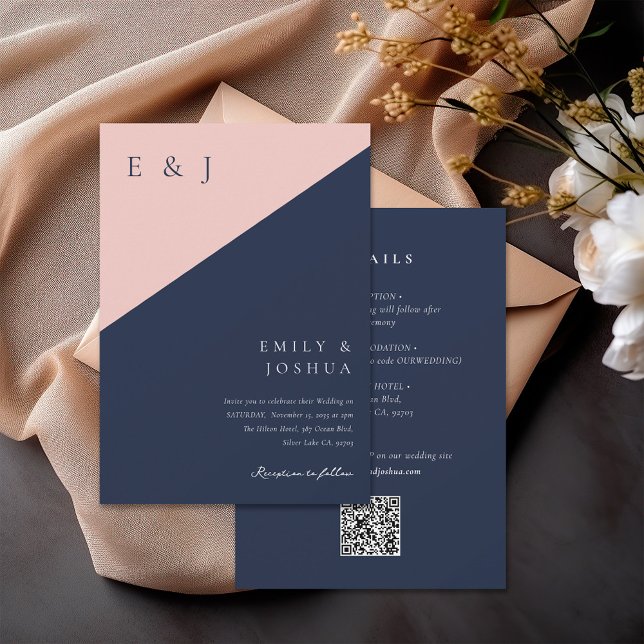 Blush Navy Blue Modern All in One Wedding Invitation (Creator Uploaded)