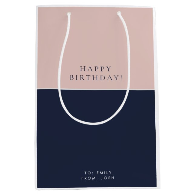 Blush Navy Blue Modern Birthday Medium Gift Bag (Front)