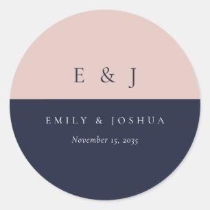 Blush Navy Blue Modern Wedding Classic Round Sticker