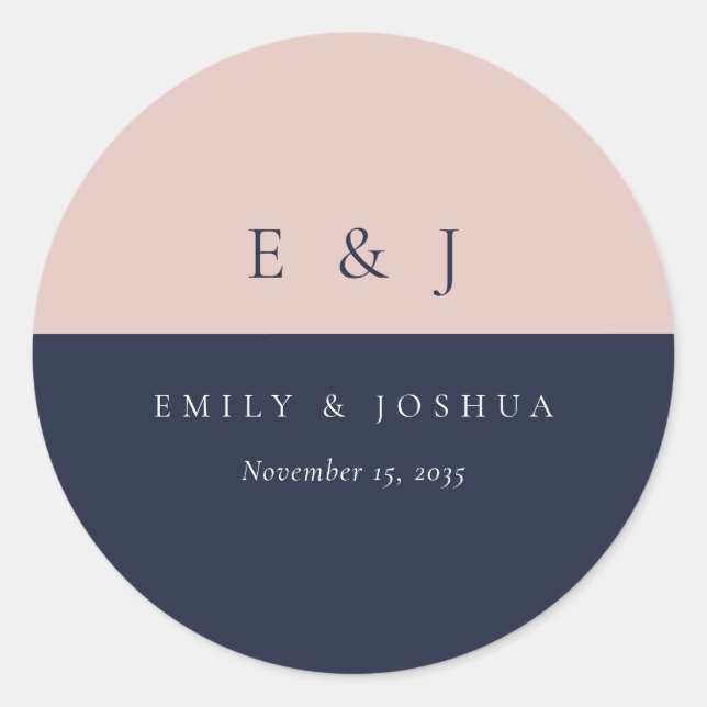 Blush Navy Blue Modern Wedding Classic Round Sticker (Front)