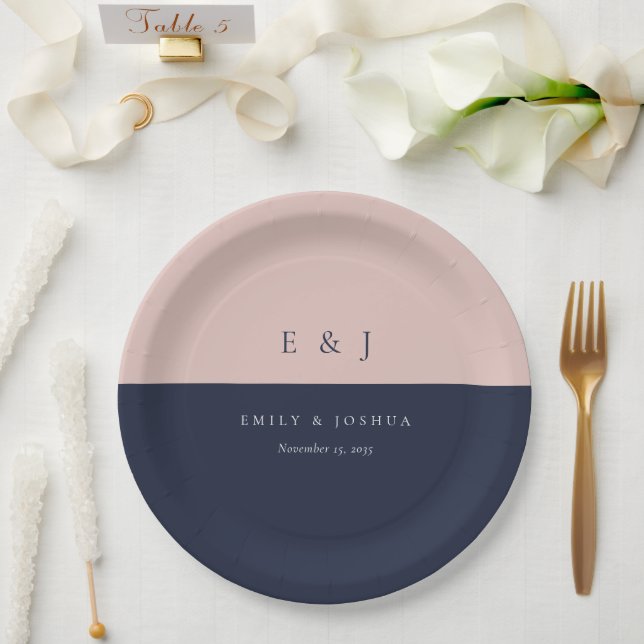 Blush Navy Blue Modern Wedding Paper Plate (Wedding)
