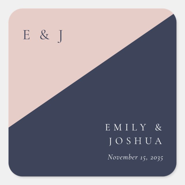 Blush Navy Blue Modern Wedding Square Sticker (Front)