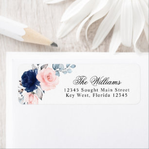 Blush & Navy Blue Rose Return Address Labels