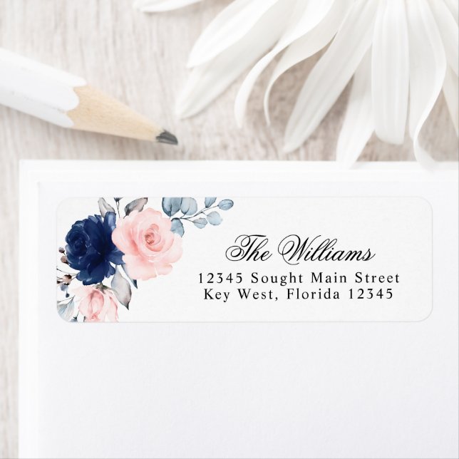 Blush & Navy Blue Rose Return Address Labels (Insitu)