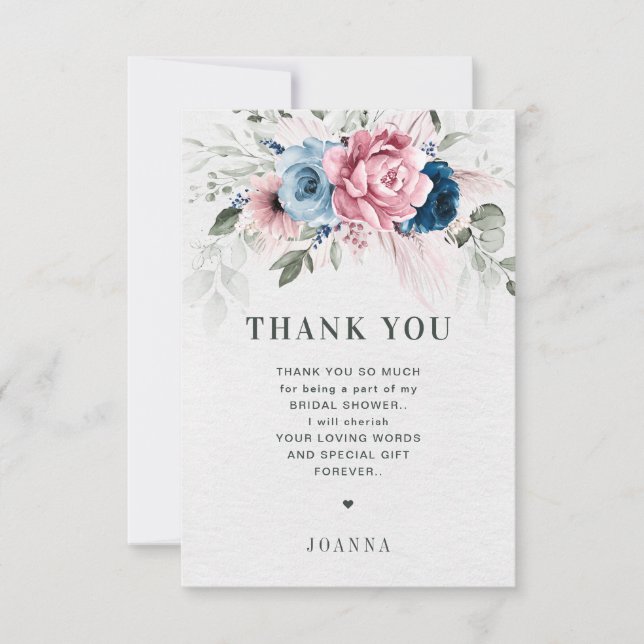 Blush Navy Blue Soft Pastel Pink Bridal Shower Thank You Card (Front)