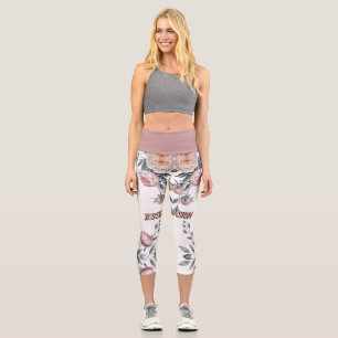 Blush Navy Blue Soft Pastel Pink Floral Capri Leggings
