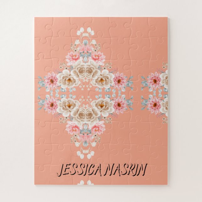 Blush Navy Blue Soft Pastel Pink Floral Jigsaw Puzzle (Vertical)