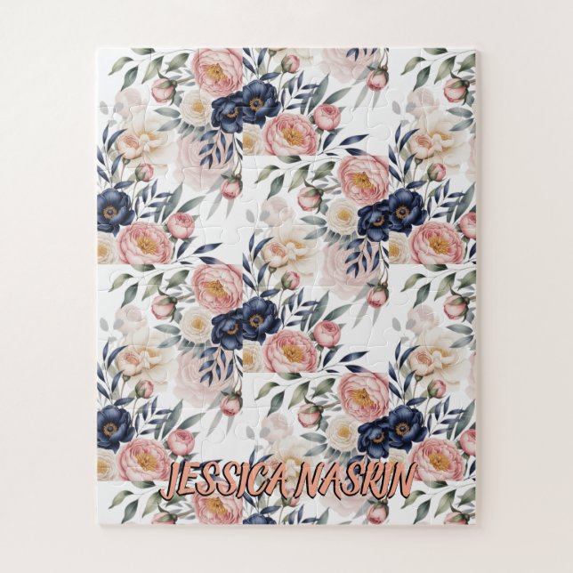 Blush Navy Blue Soft Pastel Pink Floral Jigsaw Puzzle (Vertical)