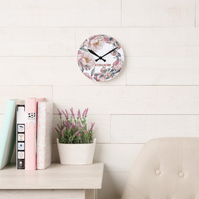 Blush Navy Blue Soft Pastel Pink Floral Round Clock (Reading Room)