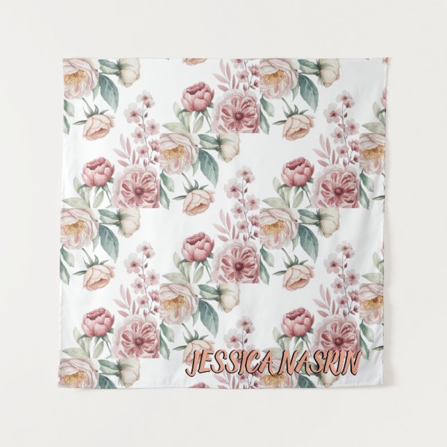 Blush Navy Blue Soft Pastel Pink Floral Tapestry (Front)