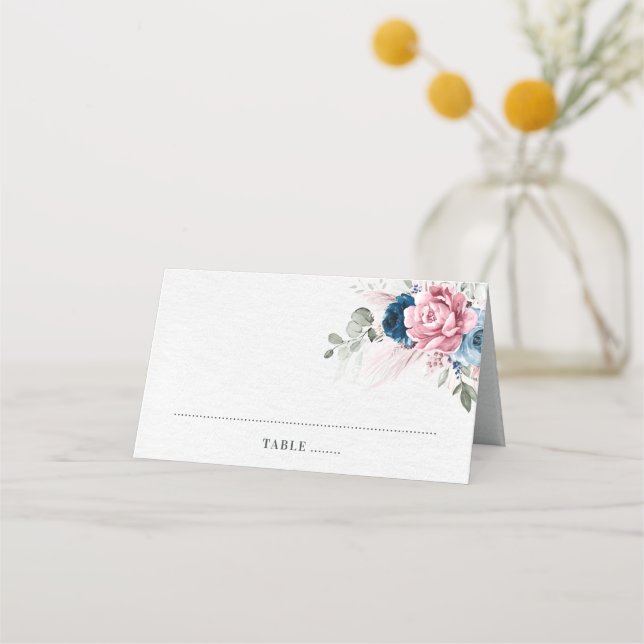 Blush Navy Blue Soft Pastel Pink Floral Wedding Place Card (Front)