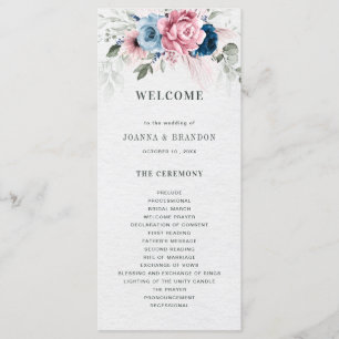 Blush Navy Blue Soft Pastel Pink Floral Wedding Programme