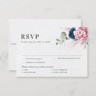 Blush Navy Blue Soft Pastel Pink Floral Wedding  RSVP Card