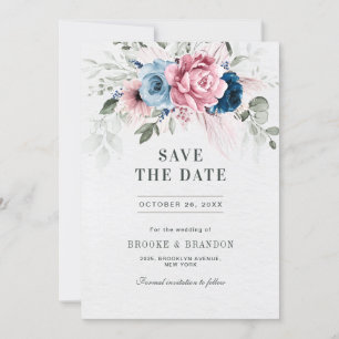 Blush Navy Blue Soft Pastel Pink Floral Wedding Save The Date