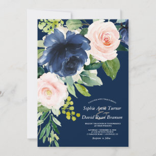 Blush Navy Blue Watercolor Flowers Gold Wedding Invitation