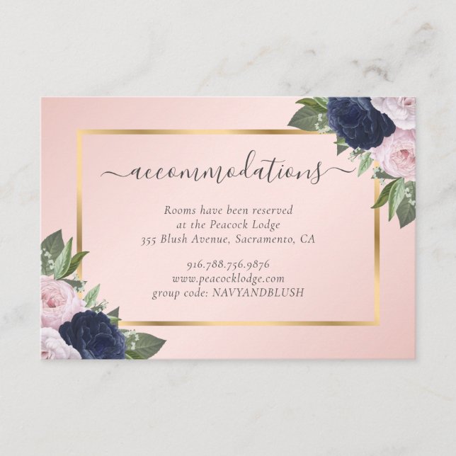 Blush Navy Blue Wedding Hotel Accommodation Enclosure Card (Front)