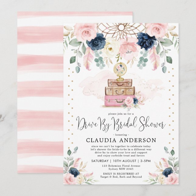 Blush Navy Bohemian Travel Drive By Bridal Shower Invitation (Front/Back)